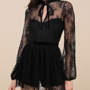 Lulus Incredibly Darling Black Lace Tie-neck Romper - Size M